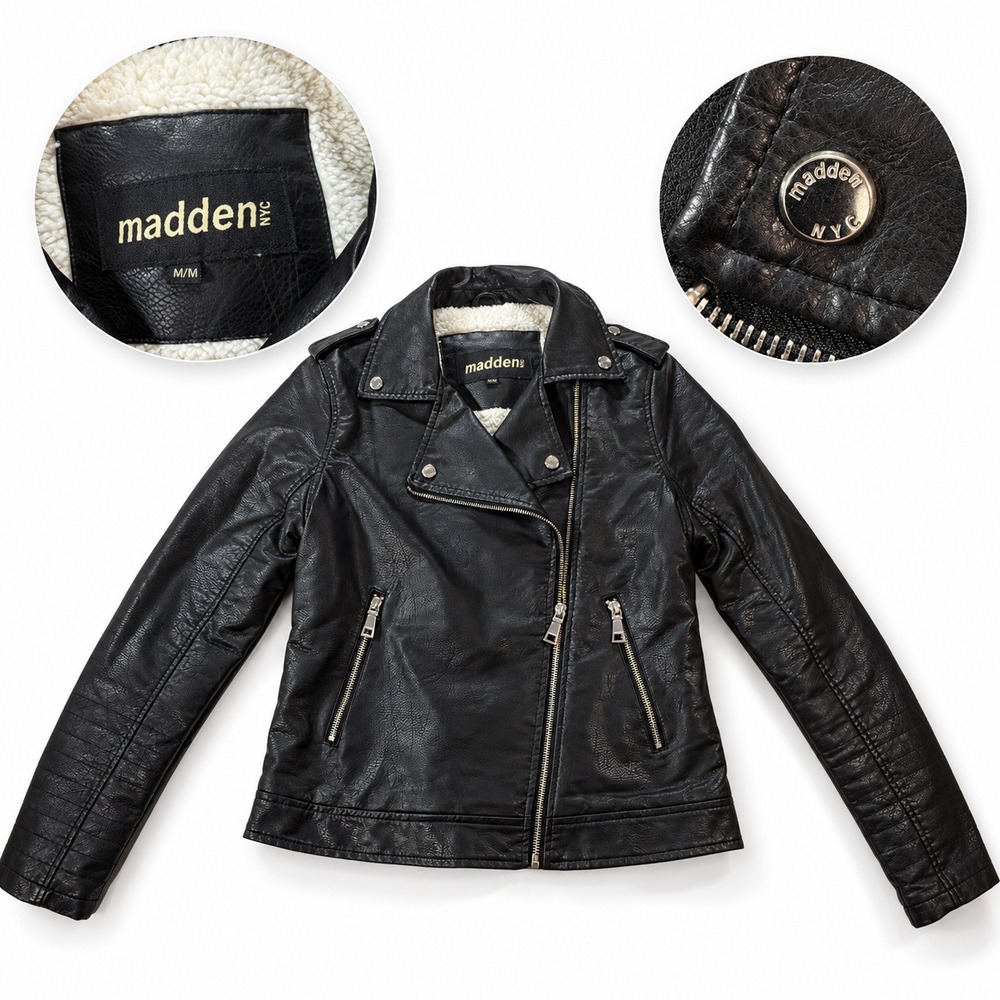 Madden NYC Moto Jacket Women Medium Black Faux Leather Sherpa Lined Biker Zip